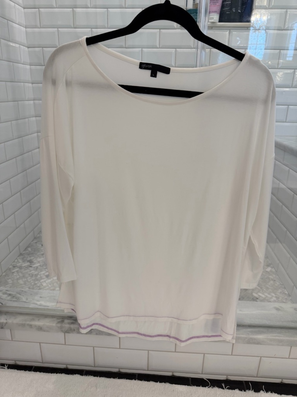 Gibson Cream Boatneck 3/4 Sleeve Top with Hem Detail | Large